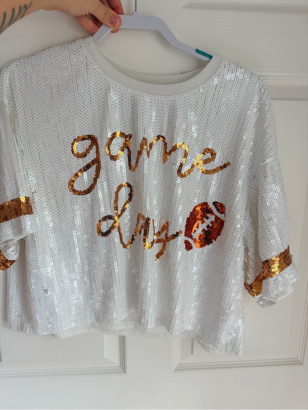 Sequin 'Game Day' Crop Top with Gold Football Accent - White